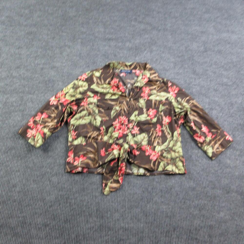 Jones New York Shirt Womens 2X Brown Tunic 3/4 Sleeve Floral Tie Lightweight
